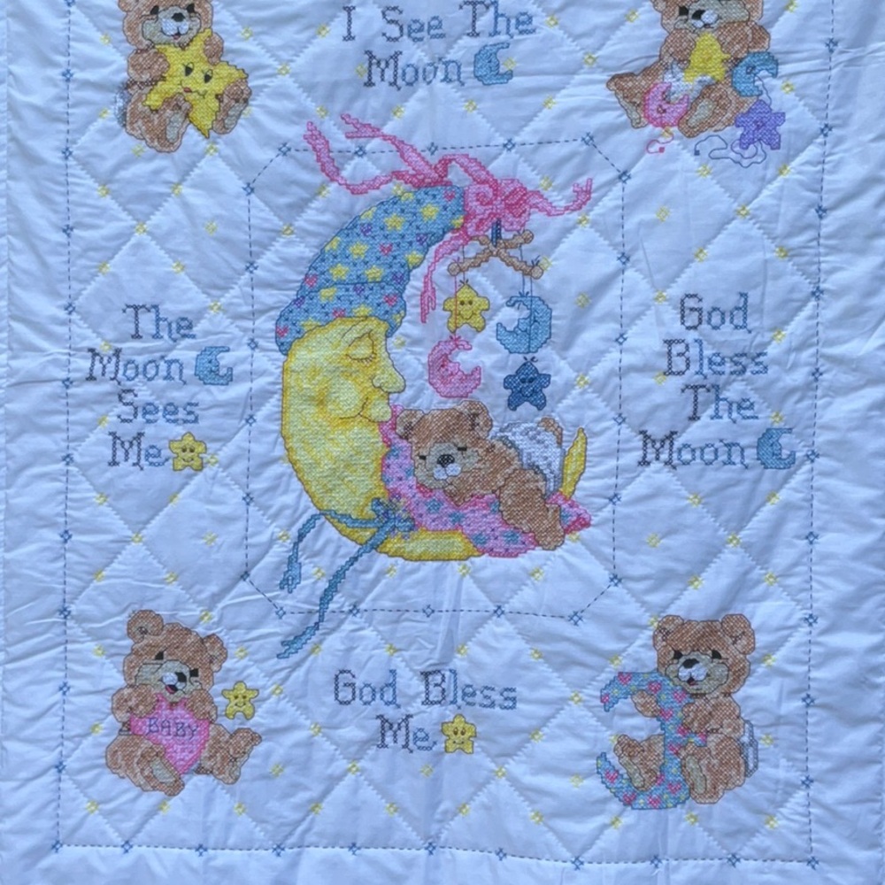 Teddy Bears & Moon Hand crafted cross stitch wall hanging or quilt 36”W x 41.5”L